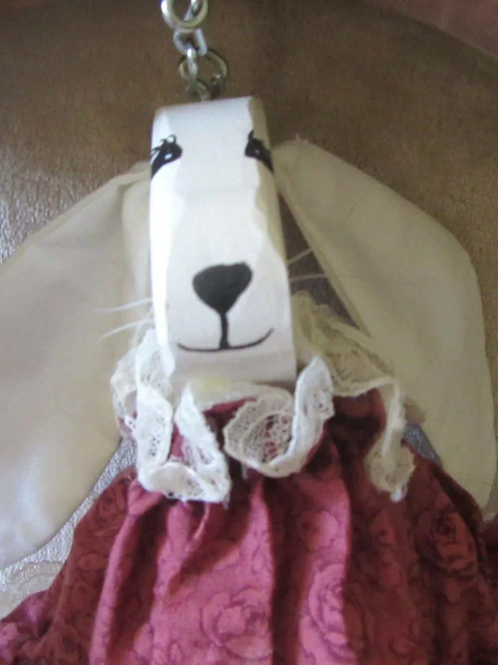 Vtg Folk Art Wood & Calico fabric Bunny Welcome Hanging Sign 80s cottagecore